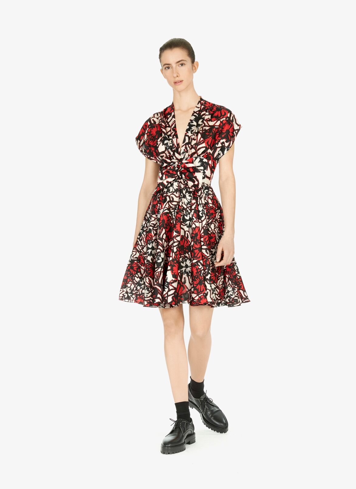 Ausgestelltes Kleid aus Habotai-Seide mit Print  ALAÏA SCHWARZ/ROT AUSGESTELLTES KLEID AUS HABOTAI-SEIDE MIT PRINT